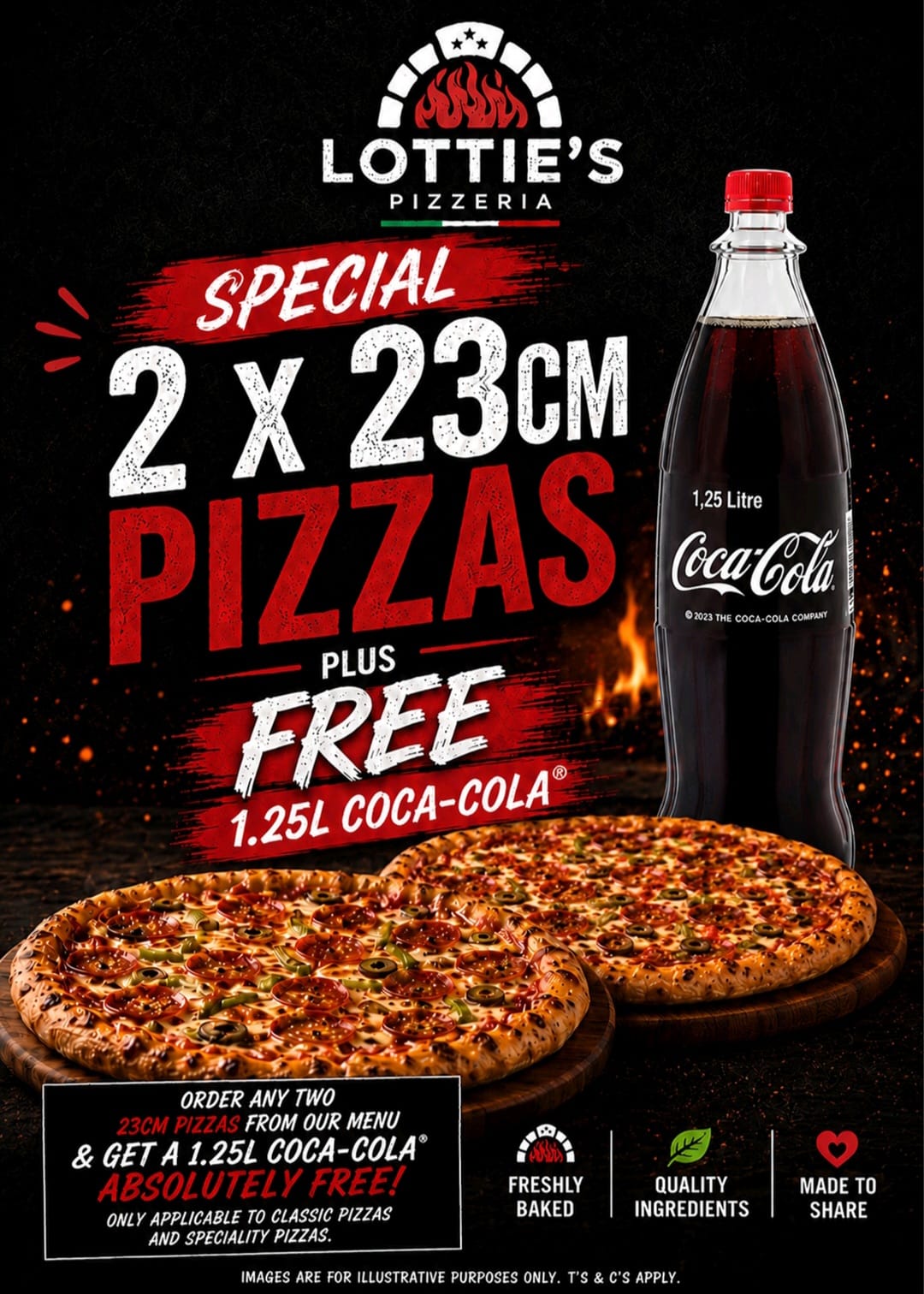 Buy any two 23cm pizzas and get a free 1.25L Coke promotion